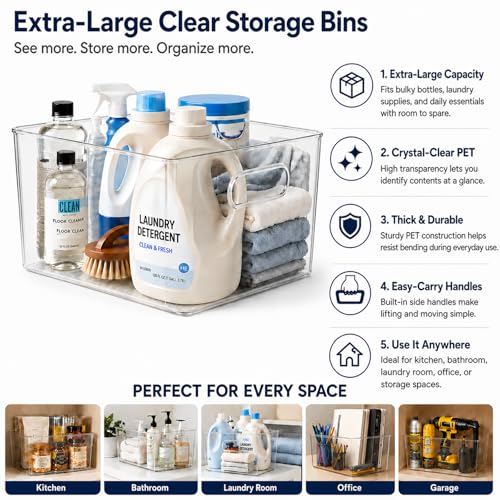 MOONEDGE 8 Pack XL Clear Food Storage Containers 13x10x8in, 16QT Capacity