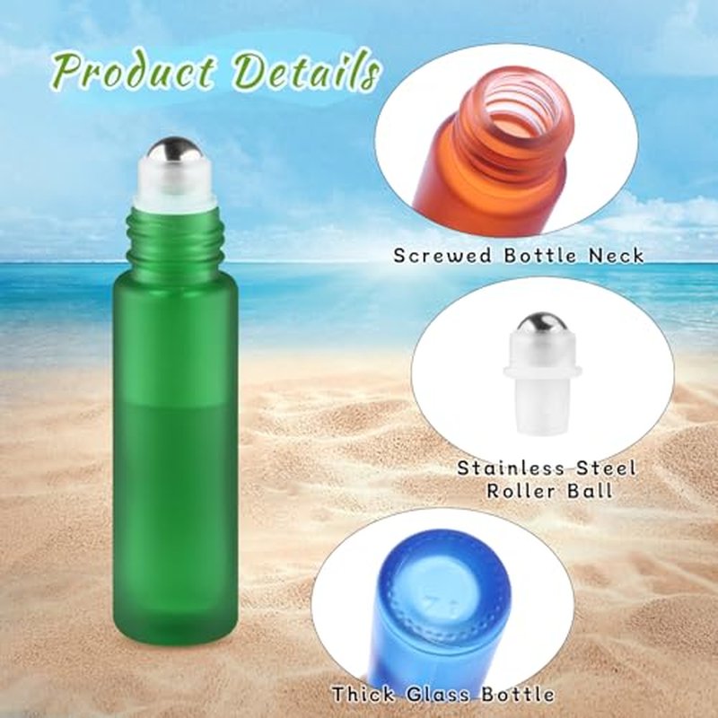 20 Pcs 10ml/0.34oz Frosted Glass Bottle Refillable Roller Bottles with Stainless Steel Roller Balls & Aluminum Screw Caps for Perfume Essential Oil Lip Gloss Travel - Multicolor