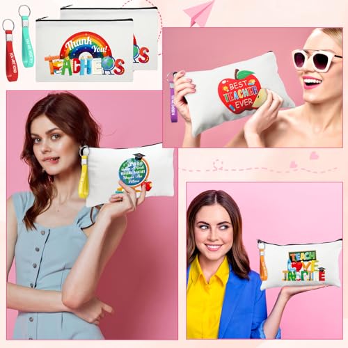 Capoda 56 Pcs Teacher Appreciation Gifts in Bulk 28 Inspirational Flax Cosmetic Bags for Women 28 Motivational Quote Keychains Thank You Gifts for Teacher's Day Graduation Back to School(White)
