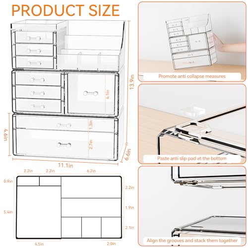 Yieach 9-Drawer Clear Makeup Organizer for Vanity & Bathroom, Stackable Acrylic Storage