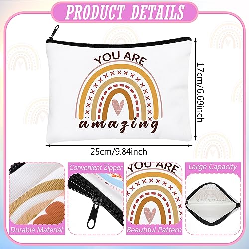 Hillban 64 Pcs Rainbow Canvas Makeup Bag Bulk Boho Women Gifts 32 Rainbow Travel Toiletry Makeup Pouch with 32 Inspirational Keychains for Coworker Employee Party Favor