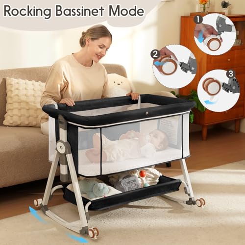 KOLOIO Black 3-in-1 Baby Bedside Bassinet, Portable Crib with Storage & Adjustable Height