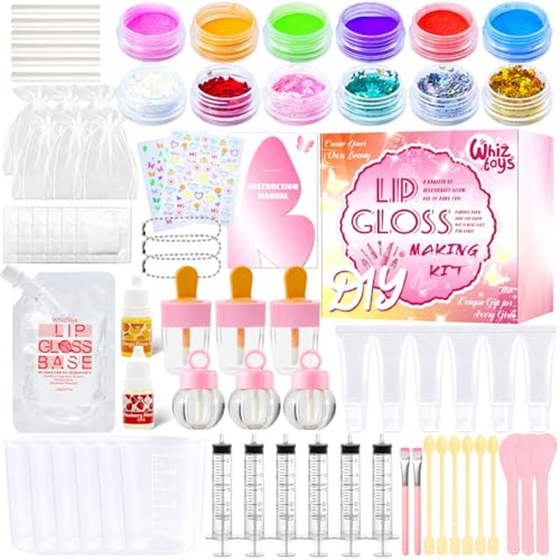 DIY Lip Gloss Making Kit 74Pcs Beginner Make Your Own Makeup Kit with Squeeze Empty Tubes,Clear Base,Pigment,Birthday, Christmas Gift for Women