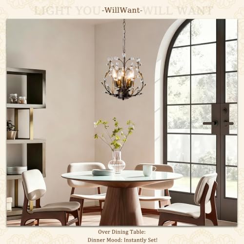 Vintage 5 Light Crystal Chandelier D11.1 - Aged Bronze Tree Branch Design, Adjustable Length, WillWant