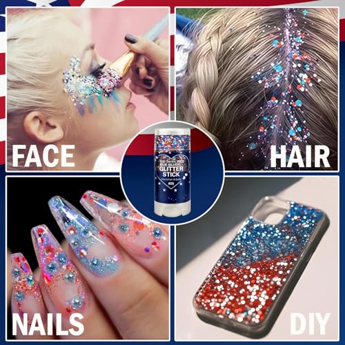 Patriotic Red White and Blue Body Glitter Stick, 4th of July Outfits for Women Kids, 4th of July Accessories,Hair Body Face Glitter Makeup, USA Flag Chunky Sequins Glitter for Independence Day