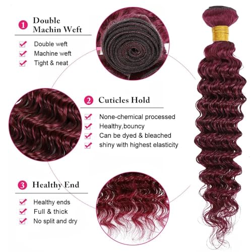 99J Burgundy Deep Wave Human Hair Bundles - 8, 10, 12 Inch, 3 Pack Variation #99j Bug DP (GL) - Unprocessed Brazilian Virgin Hair
