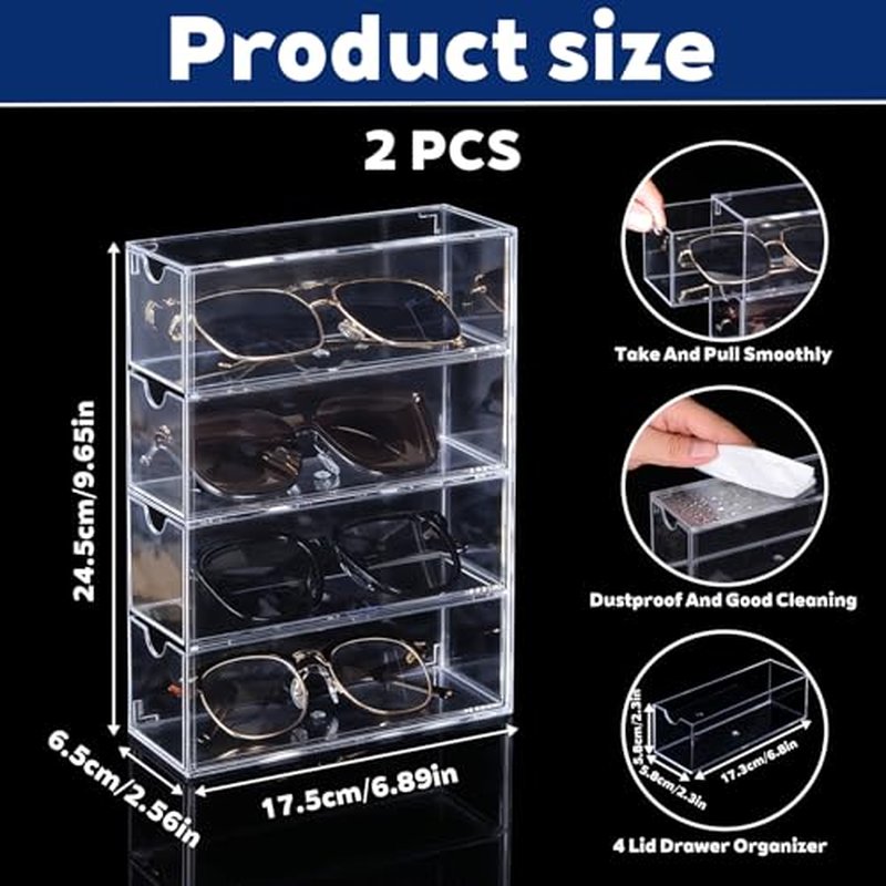 2PCS Clear Acrylic Sunglasses Organizer, Plastic Stackable Eyeglass Case Storage Organizers with 4 Drawers, Glasses Organizer for Women for Glasses Jewelry Watch Storage-9.65*6.89*2.56 Inch