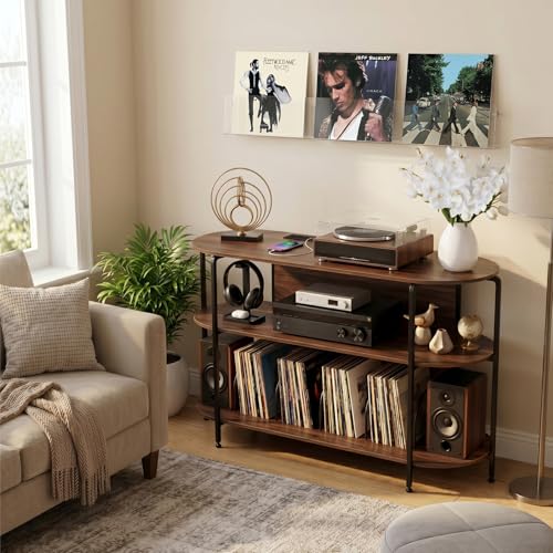 Vinyl Record Player Stand with Power Outlets - 28.3 Inch Walnut Mid Century Console with 3 Tiers