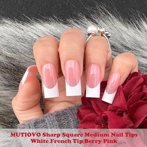 MUTIOVO Medium Straight Square White French Tip Nail Tips 180 pcs - Berry Pink, Extra Thick Soft Gel Extensions for DIY Manicure