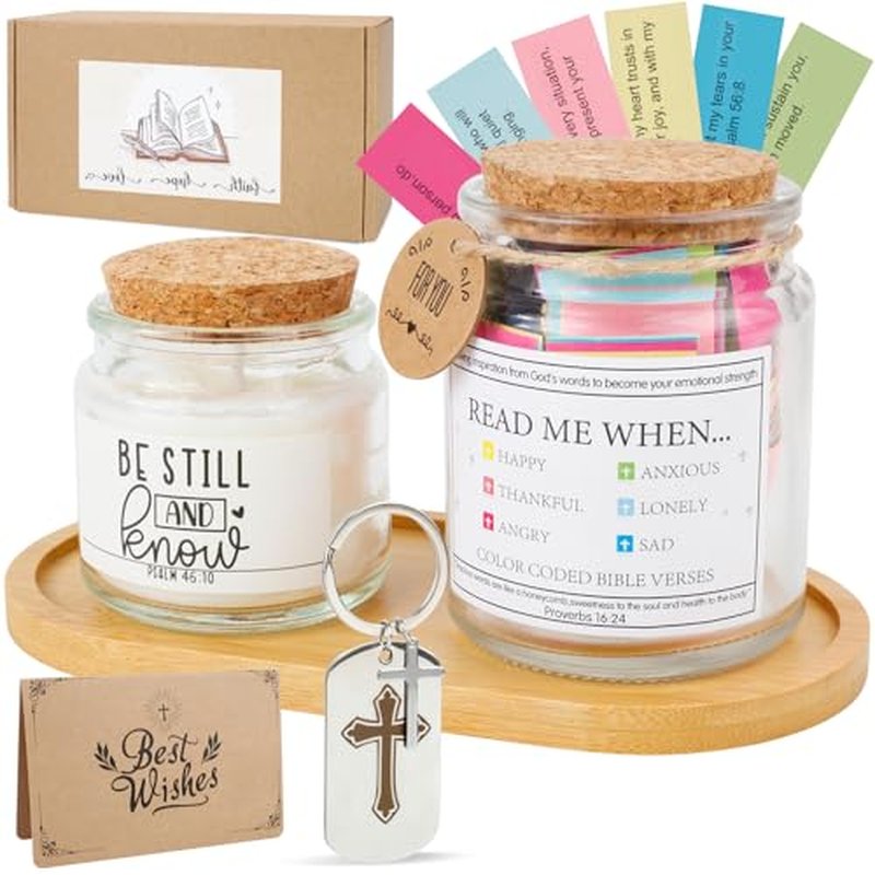 Christian Gifts for Women Men Faith Based Present Unique Inspirational Religious Gift Set for Mom Sister Aunt Birthday Baptism Christmas Gift with Bible Verse Jar Scented Candle Keychain