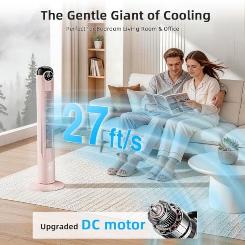 Pink 42 Inch Tower Fan with Remote, 6 Speeds & 4 Modes - Quiet Oscillating Bladeless Fan