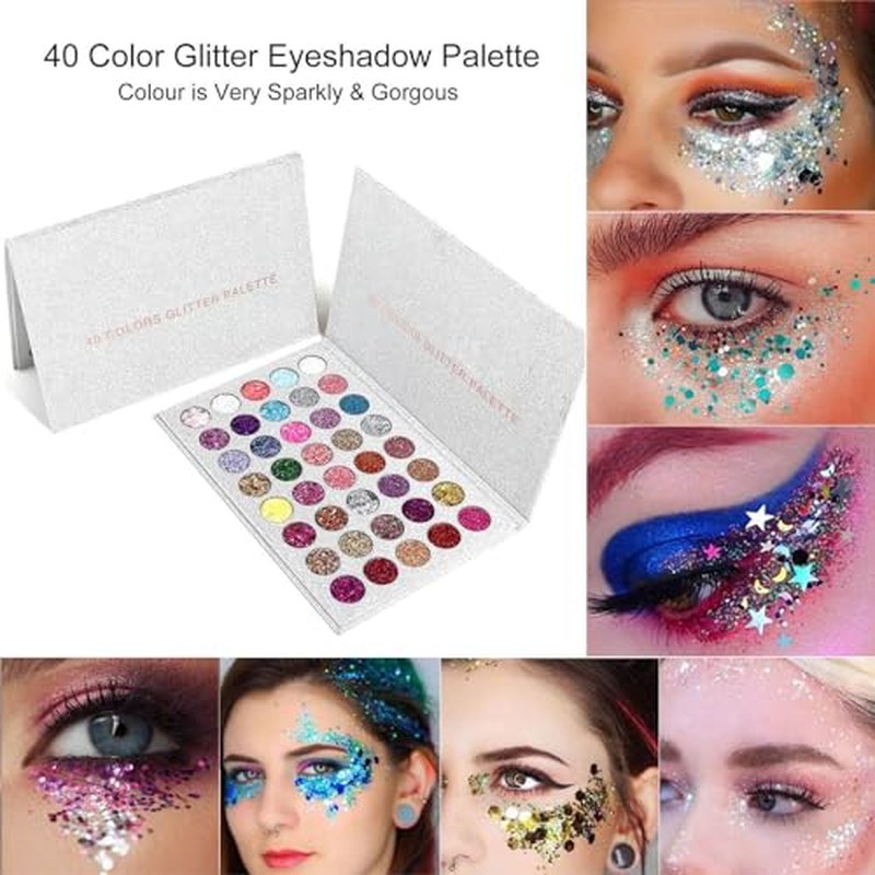 40 Colors Glitter Gel Set - No Glue Needed for Hair Face Body Glitter for Halloween, Carnival, Cosplay | Multi-Purpose Paint Glitter Palette, Vibrant Makeup for Women, Girls & Kids