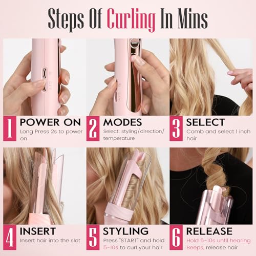 Pink Automatic Rotating Curling Iron for Long Hair - Easy Salon-Style Waves