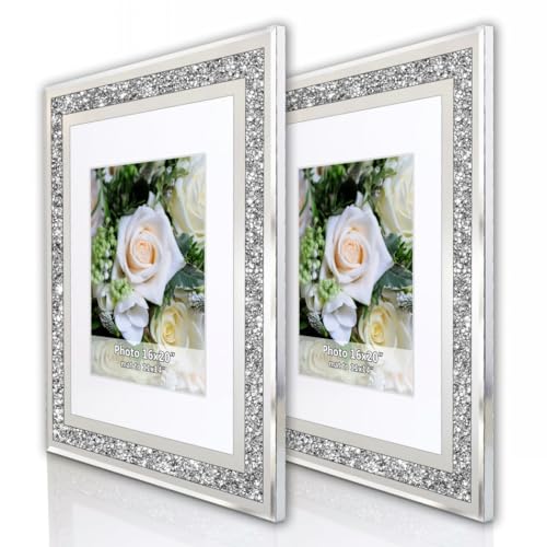 ALLARTONLY 16x20 Inch Crushed Diamond Photo Frame Set - Silver Wall Picture Frames with Mat for 11x14 Photos, 2 Pack
