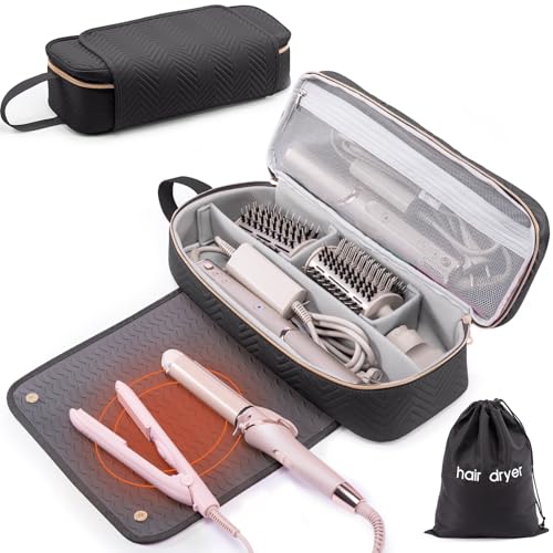 ELCUPA 2-in-1 Travel Hair Tool Bag with Heat-Resistant Mat, X-large Black, for Shark Flexstyle & Revlon One-Step