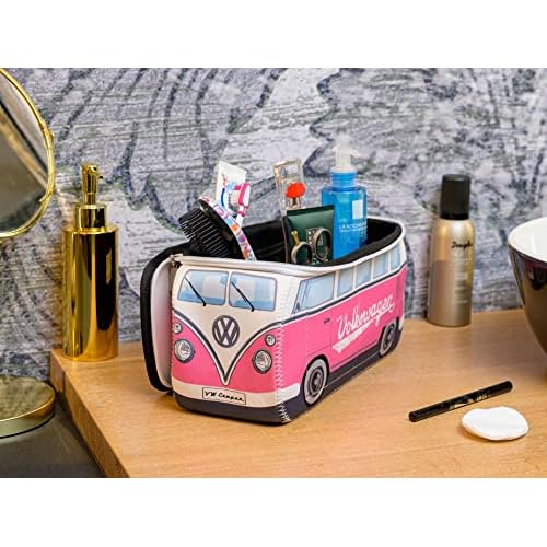 BRISA VW Collection - Volkswagen Neoprene Universal Makeup Cosmetics Toiletry Travel Pharmacy Bag in T1 Bus Design (Pink/Large) (Large (11.8 x 5.5 x 4.7 inches))