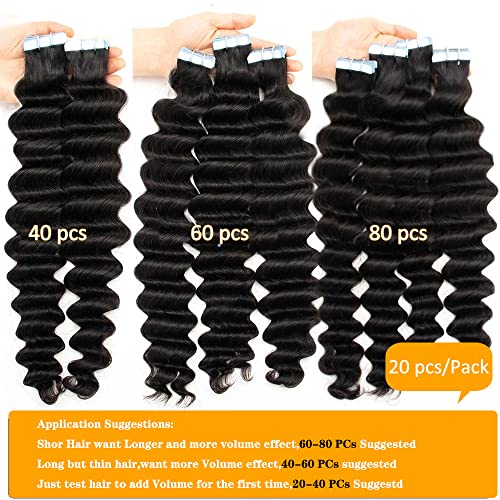 Deep Wave Tape-In Hair Extensions 16 Inch - 20pcs/Pack, 50g, Seamless Human Hair with Reusable Tape - Variation #1B-DW 50