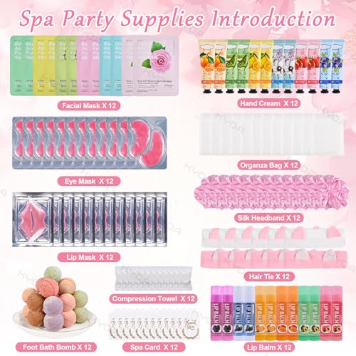 KYDA 132PCS SPA Party Supplies for Women, Include Face Masks, Hand Cream, Lip Balm, Under Eye Patches, Lip Mask, Foot Bath Bomb, Hair Tie and Hair Band, Spa Birthday Sleepover Party Supplies for Girl