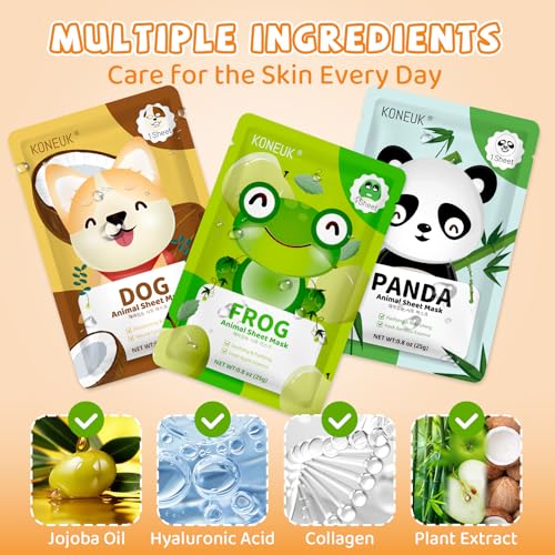 18 Pack Animal Face Mask for Kids, Bulk Sheet Face Masks Skincare for Girls, Collagen Hydrating Face Mask Spa Party Gifts for Teens, Easter Basket Stuffers, Birthday Gifts for Women