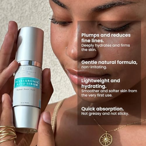 Kleem Pure Hyaluronic Acid Serum for Face with Vitamin C, Vitamin E & Green Tea | Anti Aging Hydrating Serum to Plump, Firm, Moisturize & Repair Skin | Plant-Powered Facial for Fine Lines | 1 fl oz