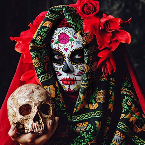 Day of the Dead Face Tattoos, Halloween Temporary Tattoo 10 Pack Dia de Los Muertos Skeleton Makeup Kit Catrina Red Rose Sugar Skull Full Face Stickers for Women Kids Halloween Accessories and Parties
