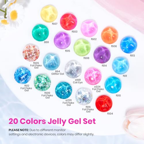 Beetles Jelly Gel Nail Polish Set - Sunbeam Jelly 20 Neon Rainbow Colors with Glitter & Rhinestones