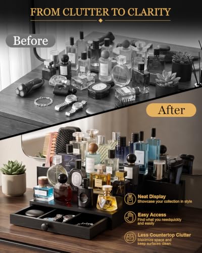 Cologne Organizer for Men - 4 Tier Black Solid Pine Wood Stand with Dual Drawers