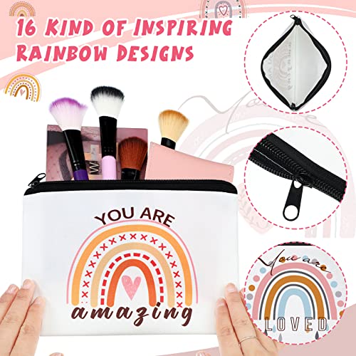 Hillban 32 Pcs Canvas Cosmetic Makeup Bag Women Mother's Day Inspirational Gifts Travel Toiletry Makeup Bag Pouch with Keychains for Women's History Month Mother Teacher Appreciation Gift(Rainbow)