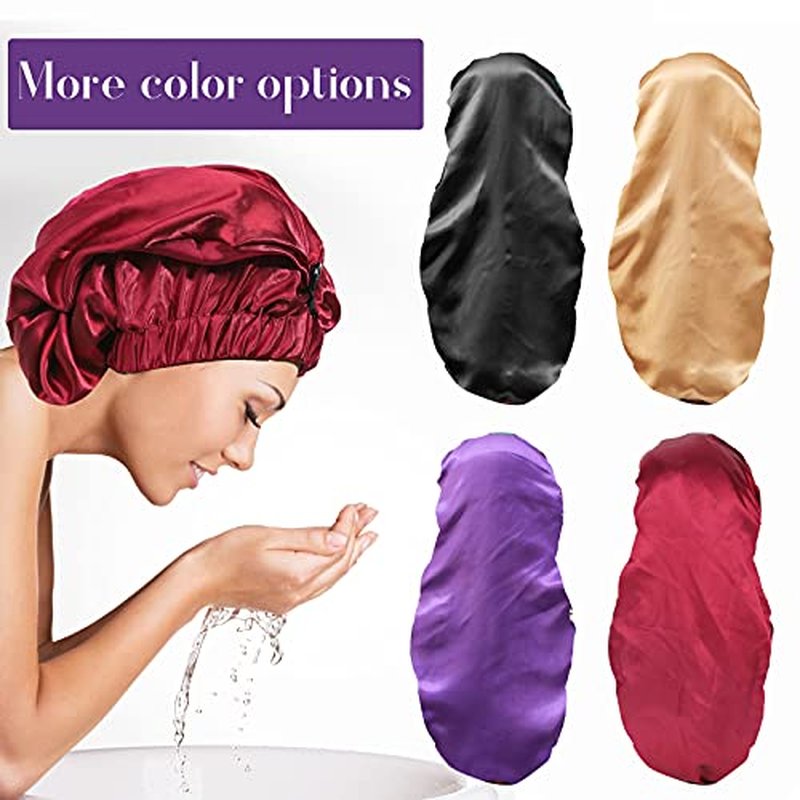 2PCS Satin Hair Braid Bonnet, Extra Long Foldable Bonnet with Button, Single Layer Sleep Cap for Black Women & Dreadlocks (Black+Khaki)