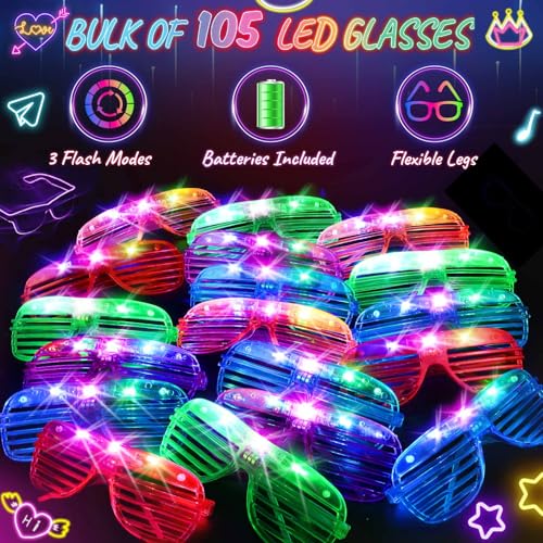 HONLYNE 105 Pack LED Glow in The Dark Glasses for Party, Halloween, Birthday, Rave