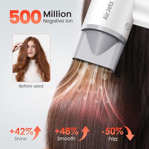 AirJetz White High-Speed Ionic Hair Dryer with Diffuser & Nozzle, 4 Temp & 2 Speed