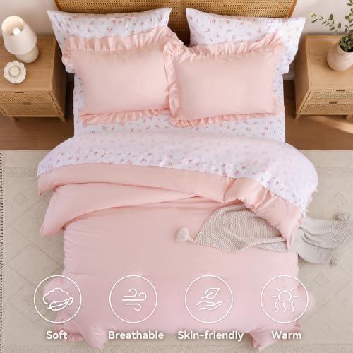 Pink Ruffle Queen Comforter Set with Floral Sheets - 7 Pieces, Blush Pink R