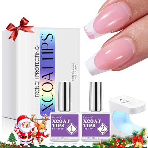 btartboxnails XCOATTIPS White Short Square Press On Nails Builder Gel Top Coat and Mini Nail Lamp Set