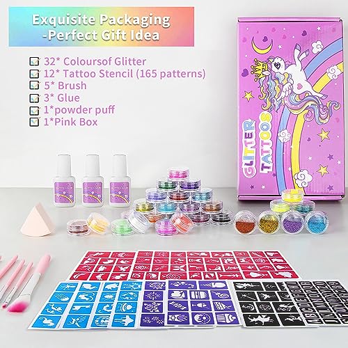 Temporary Glitter Tattoos Kit for Kids, 32 Colors, 165 Stencils, 3 Glue, 5 Brushes, 1 Powder Puff, Adults & Kids Arts Make Up Kit, Holiday Gifts for Girls & Boys