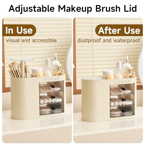 UFORU Makeup Organizer with Pop-Up Brush Holder - Cream White Vanity Storage