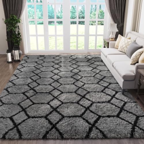 ONASAR 6x9 Grey and Black Geometric Area Rug - Ultra Soft Fluffy Modern Home Decor