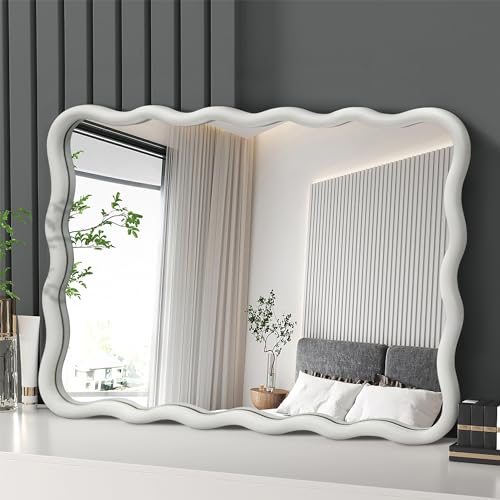 White Wavy Mirror for Wall - 20x30 inch Solid Wood Frame Modern Decor