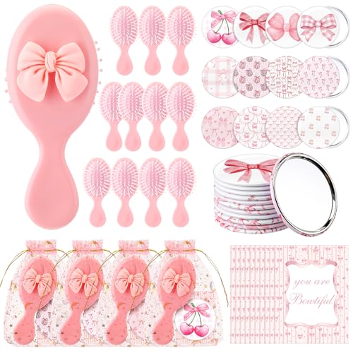 Pink Bow Theme Party Favors Set - Mini Hair Brush Mirror & Cards, 48 Pieces - Cute & Portable