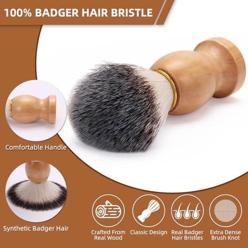 Badger Hair Shaving Brush with Wood Handle,Double Edge Safety Razor,Stainless Steel Shaving Stand and 3 Layers Shaving Bowl Perfect for Men Gift