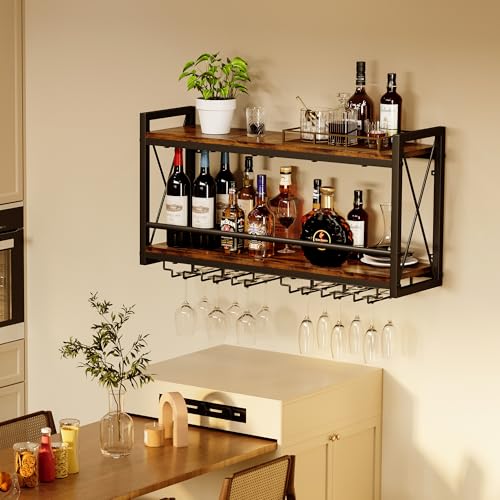 Homeiju 31.5W x 7.91D x 16.85H Wall Mounted Wine Rack with Glass Holder, Vintage Wood & Metal Design