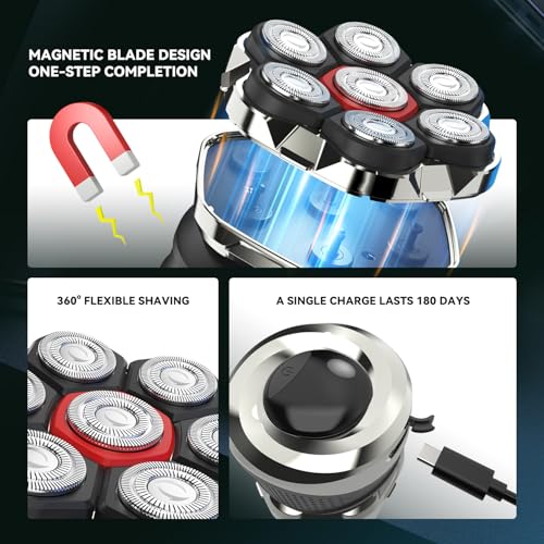 Men's Electric Rotary Shavers Bald£¬2026 Upgrade 7D Floating Electric Shaver with LED Display, IPX7 Waterproof, Type-C Fast Charge, Magnetic Heads, Travel Case - Ideal Men's Grooming Gift