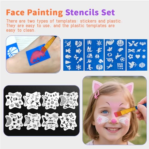 Professional Face Painting Kit, Water-Based Non-Toxic Makeup Set with Stencils, Gems, Brushes for Halloween, Carnival, Parties, School Events, Festivals (42 Colors)