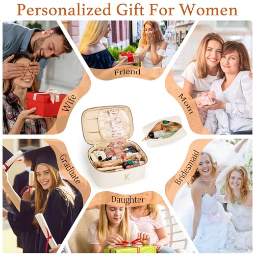 Beige Personalized Initial Travel Makeup Toiletry Bag Gifts for Women - K