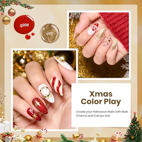 Beetles Merry Glow Christmas Gel Polish Set - 8 Holiday Colors Gel Nail Gift Box with Base&Top Coat, White Red Gold Silver Cat Eye Nude Nail Kit, Uv Led DIY Salon Manicure Kit Beauty Gifts for Women