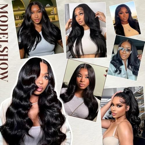 20 Inch Synthetic Lace Front Wig for Black Women - Body Wave, Natural Black, Pre Plucked, Long Straight, Layered, Variation of Natual Black-BW