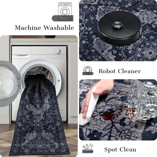 Blue 8ft Boho Round Rug - Vintage Non-Slip Washable Floor Carpet for Living Room
