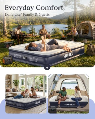 VOSSER Blue Queen Air Mattress with Built-in Pump, 13 Inch Support, Supports 800lb