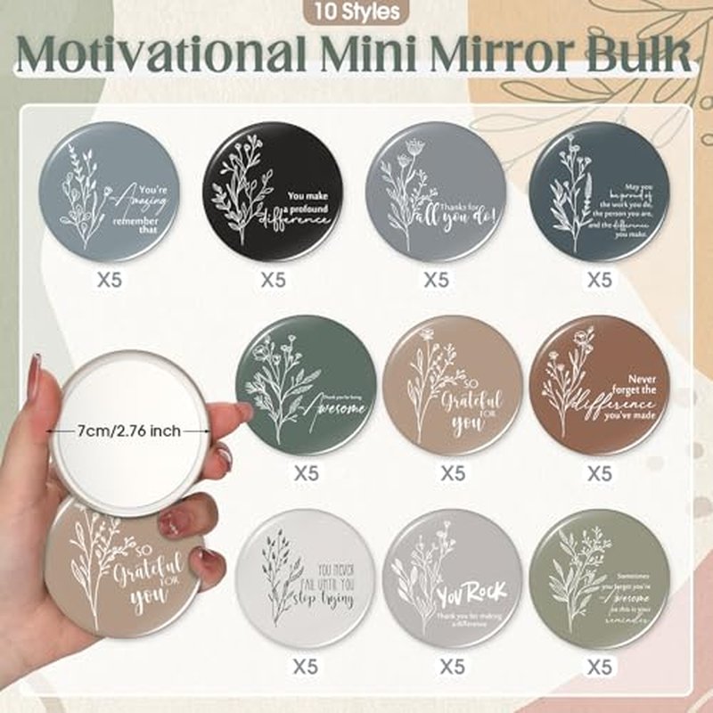 Kigley 50 Pcs Inspirational Gifts for Women Bulk Compact Mirrors Mini Portable Pocket Mirrors Employee Appreciation Gifts for Office Staff Work Team Nurses Teachers Coworkers