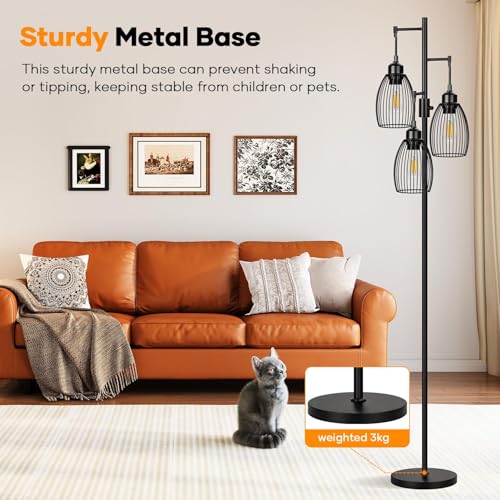 Dimmable Farmhouse Industrial Floor Lamp with Matte Black Finish and 3 LED Bulbs