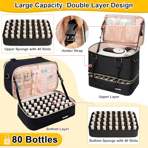 Covkev Nail Polish Organizer Hold 80 Bottles & Travel Nail Bag Case - Black & Gold